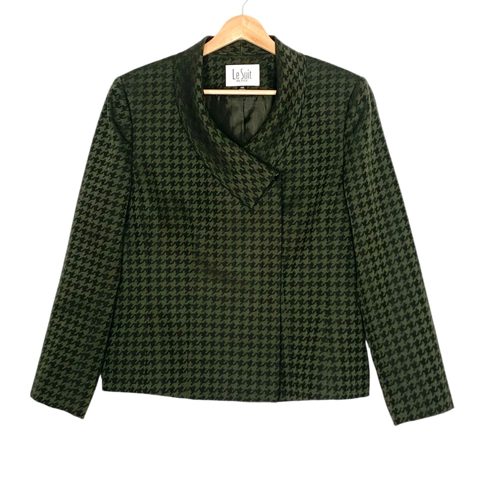 Le Suit Green Houndstooth Blazer Jacket Size 14 Petite